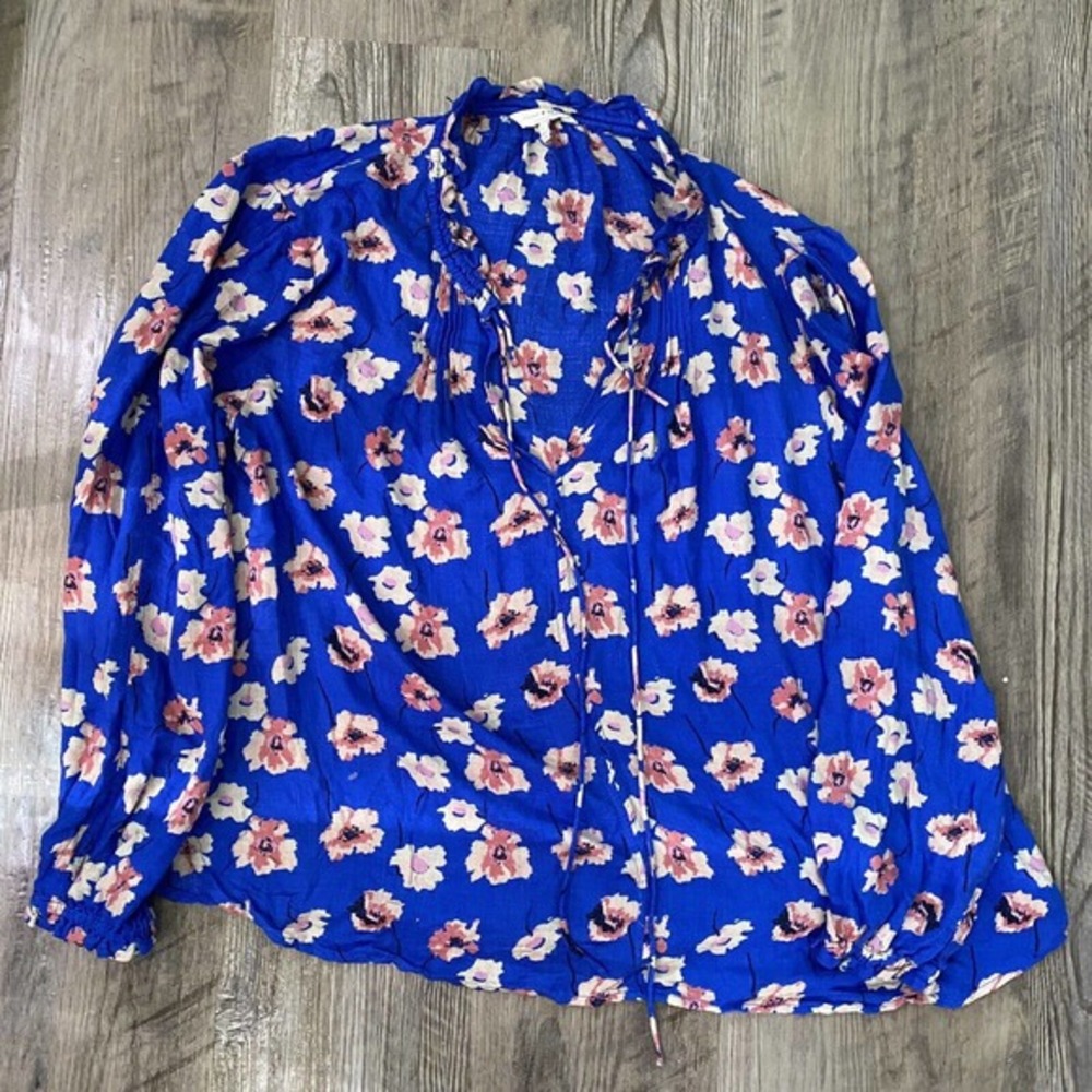 Lucky Brand Floral Long Sleeve Blouse Top Size Large Blue L Bright Royal Boho